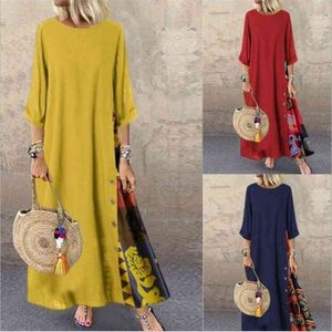 Spring Retro Floral Round Neck Contrast Button Stitching Three-Quarter Sleeves Women Casual Oversized Pullover Maxi Dress 210517