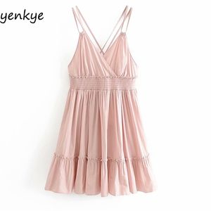 Sexy Criss-Cross Backless Sling Sukienka Kobiety Vintage Solid V Neck Rękawem Summer Short Sundress Holiday Beach Vestido 210514