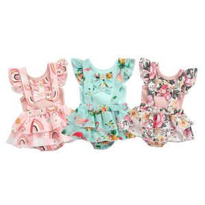 Klädsuppsättningar m Sommar Lovely Toddler Spädbarn Babyflickor Kläder Ruffles Stickade Ärmplagg Rainbow Floral Print Suspender Shorts