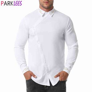 Stilvolle unregelmäßige Stickerei weißes Hemd Männer Casual Langarm Slim Fit Kleid Hemden Herren Hochzeit Party Social Shirt männlich S-2XL 210522