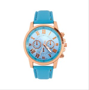 Roman Number Dial Fashion Woman Watch Retro Geneva Student Watches Womens Quartz Wristwatch With Blue Leather Band
