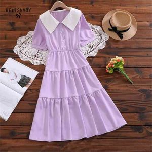 Mori Girl Candy Farbe Sommer Frauen Midi Kleid Peter Pan Kragen Lila Grün Elegante Kurzarm Rüschen Tiered 210520