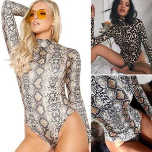 Kvinnor damer bodysuit sexig leotard leopard orm tryck långärmad kroppstoppar jumpsuit clubbwear y0927