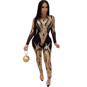 Lemon Gina Women Long Sleeve Stripe Bodycon Sequin Jumpsuit Female Sexy Slim arrival Casual Playsuits Clubwear Outfits 211116