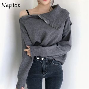 Shoulder Strapless Irregular Zipper Skew Collar Sweater Women Elegant ChicTwo Wear Coat Solid Color Knitted Pullover 210422