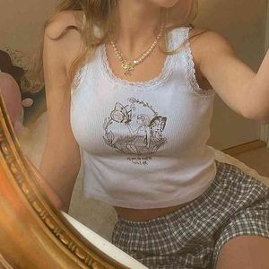 Cute Cartoon Printed White Lace Trim Tank Top Vintage Women Clothes Fairy Ribbed Slim Fit Crop Top Y2K Aesthetic Streetwear X0507