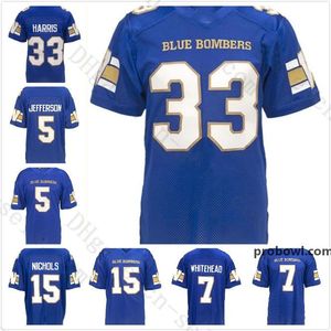 2018 Новые пользовательские Winnipeg Blue Bombers 15 Мэтт Николс 33 Эндрю Харрис 7 Уайтхед 5 Джефферсон Синие белые футбольные майки-фабрика