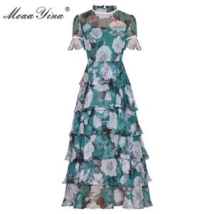 Moda Designer Dress Summer Women Stand Collar Krótki Rękaw Kwiatowy Drukuj Kaskadowy Wzburzyć 210524