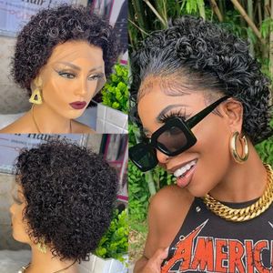 13x1 Transparent Lace Wig Pixie Cut Paryk Curly Short Pre Styled Bob Wig Gluslös Brasiliansk Virgin Human Hair