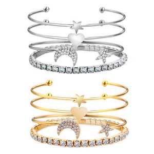 4pcs / set Crystal Star Moon Bangle Set MultiLayer Love Heart Charm Guldfärg Öppna Manschett Bangles Justerbara Smycken För Kvinnor Q0719