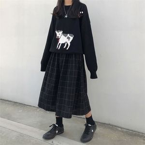 YBYR Japanese Style Elastic High Waist Long Kjolar Kvinna Höst Vinter Kvinna Lös Plaid A-Line Pläterad Harajuku Vår 210621