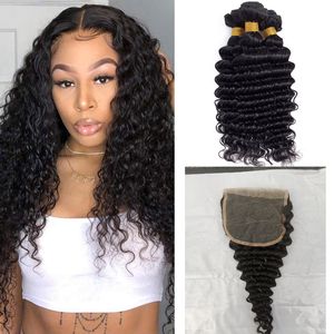 Fechamento brasileiro de renda 5x5 com 3 pacote de ondas profundas Extensões encaracoladas 100% Cabelo virgem humano cor natural cor 10-30 polegadas