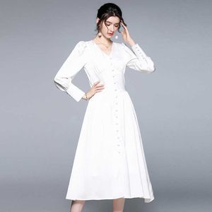 summer Elegant women Lantern Sleeve High Waist Single-breasted Women V-Neck casual dress Vestidos 210531