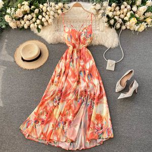 Singreiny Bohemian Floral Strapドレス女性韓国のシックな背中のないA-Line Party Dresses夏のセクシーなショルダースプリットビーチドレス210419