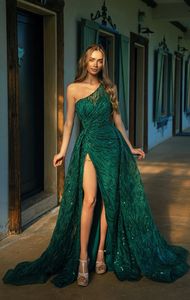 Wholesale special occasion plus size evening dresses for sale - Group buy 2022 Dark Green One Shoulder Split Mermaid Evening Dresses With Detachable Train Sequin Beaded Special Occasion Prom Gowns Plus Size