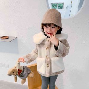 Autumn Winter fashion soft fur collar woolen jackets for girls casual plaid pocket single-breasted coats 210508