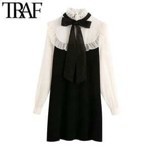 TRAF Women Fashion With Tied Organza Patchwork Knitted Mini Dress Vintage High Collar Long Sleeve Female Dresses Mujer 210415