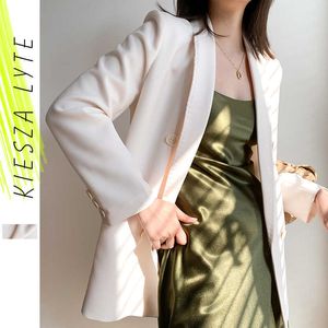 Koreanska mode kostymjacka för kvinnor våren official dam solid beige kvinnlig kappa elegant blazer 210608