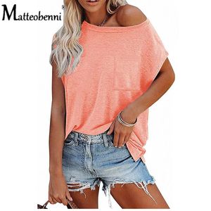 T-Shirt da donna Tees Summer Solid Pocket Senza spalline O Collo Top a maniche corte Donna 5XL Maglietta casual oversize Rosa 2021