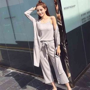 Three-piece Female Sling Pullover Top Long Pocket Sweater Cardigan Wide Leg Drawstring Cropped Pants Knitted Women Sets Spring 210427