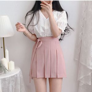 A line S-XL Plus Size short Korean Women High Waist School Girl Skirt vintage mini skrits summer Pleated 210417