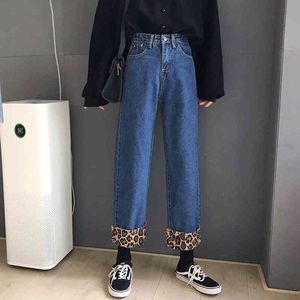 Hög midja harem jeans för kvinna lös leopardtryck vintage kvinnors pojkvänner kvinnliga casual streetwear denim pants 210514