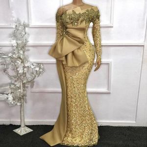 Afryki Długie Rękawy Koronki Syrenki Suknie Wieczorowe Aso Ebi Gold Beaded Prom Dress Robe de Soiree Off Ramię Formalne Party Suknie