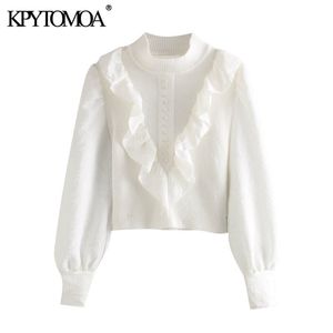 Women Fashion Patchwork Ruffled Knitted Sweater Vintage High Neck Lantern Sleeve Female Pullovers Chic Tops 210416