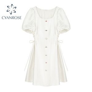 Chic Único Vestido Branco Branco Mulheres Puff Manga Curta Verão Vestidos de Lace-Up Vestidos Quadrados Collar Zipper Elegante Estilo Preppy Frocks 210515