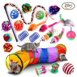 20pcs Set Cat Toys Spring Stick Rainbow Cat Tunnel Balls Bell Feather Teaser Mice Toys Pet Supplies