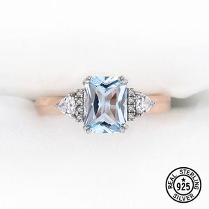 Sterling Silver Wedding Rings Gemstone Blue Topaz Rose Gold Plated For Women Luxury Elegant Fine Jewelry Unusual Accessories Cluster