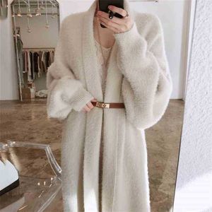 Autumn Winter Sweater Women Puff Sleeved Turn Down Collar Long Cardigan Woman Korean Furry Faux Mink Fur Knit Sweaters 210525