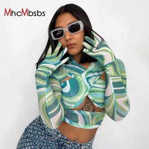 MHCMBSBS Sexy Print T Shirt Long Sleeve Bandage Criss Cross Cut Out Fashion Vintage Women Club Outfit with Gloves Green Mesh Top 210517