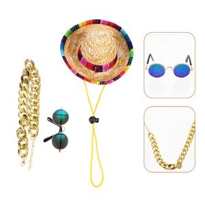 Hundebekleidung, 3 Stück, Mini-Sombrero, mexikanische Hüte, klassische Haustier-Sonnenbrille, verstellbare Goldkette