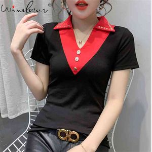 T Shirt Women Partchwork Tee Tops Summer Short Sleeve Korean Casual Hispter Turn Down Collar T-shirt Camiseta T03006B 210421