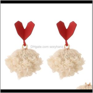 Jewelrywinter Arrivals Korea Style Simple Mini Red Heart Ear Stud White Lace Ball Pendant Earrings For Women Girls Fashion Jewelry Drop Deliv