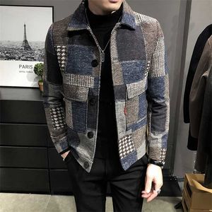 Autumn and Winter Fashion Men's Casual Lapel Hoodless Jacket / Male Slim Plaid Woolen Coat 211126