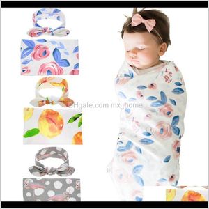 Infant Born Flower Print Bowknot Headbands Sleeping Receiving Blanket Set Comfortable Baby Bedding Swaddle Cute Headband Sets Nwsea Bl Xcybc