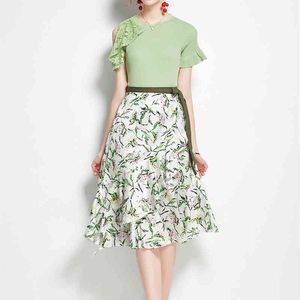 O-Neck Asymmetrical Short Sleeves Lace Hollow Knit Top Blouse & Ruffle Floral Print Dress Two-Piece Set Suit T3029 210514
