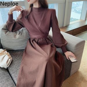 Neploe Patchwork Knitted Maxi Dresses Women Sweet Puff Sleeve Korean Vestidos High Waist Slim Robe Half Turtleneck Chic Dress 210422