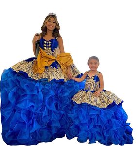 Gold Embroidered Lace Mini Quinceanera Dresses Toddler 2022 Royal Blue Ruffle Organza Skirt Spaghetti Cap Straps Ball Gown Pageant Dress Girls