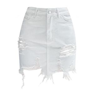 Skirts High Waist Jeans Package Hip Denim Skirt White Ripped Hole Tassel Mini Sexy Womens Summer Zip Bodycon Pencil