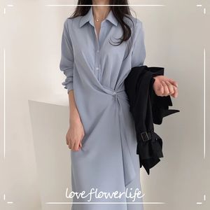 loveflowerlifeのカジュアルな特大ボタン不規則な韓国のエレガントレディドレス女性春の夏シャツドレス210521