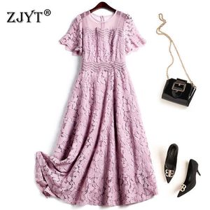 Sommer Stilvolle Kurzarm Designer Frau Mittlere Waden Lila Spitze Party Kleid Elegante Promi Robe Süße Prinzessin Vestidos 210601