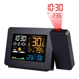 FanJu Projection Clock Digital Weather Station Temperature Humidity Meter Calendar Double Alarm Table Desk Clock Wireless Sensor 211111