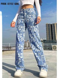 Y2k цветочные джинсы Женщины Эстетические Хиппи Прямые штаны Электронная Дела с высокой джинсовой тканией кибер-повседневные грузовые брюки уличная одежда 2022 Y220311
