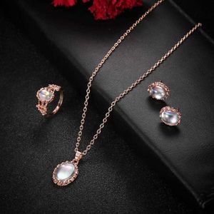 Luxury designer Jewelry Fashion Women Elegant Engagement Wedding jewellery Oval Faux Opal Necklace / Ring / Stud Earrings Set jewelry sets