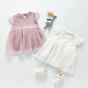 Söt baby flicka kortärmad ren färg prinsessa rompers född sommar barn spädbarn kläder jumpsuits 210429