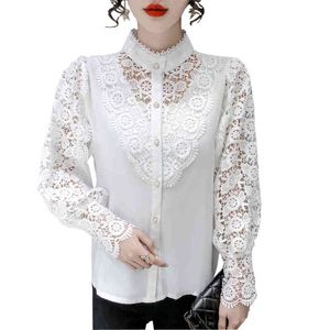 spets står krage skjorta kronblad långärmad topp kvinnlig ihålig ut blomma spets patchwork vit skjorta femme blusas 980b 210420