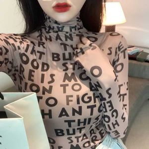 オールマッチ韓国文字印刷の視点メッシュレース長袖上春夏トップスガールスリムTシャツフル女性08J 210603